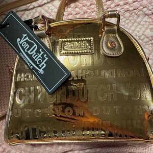 NWT Von Dutch Rose Gold Reflective Bowling Bag Vegan Patent Logo Satchel